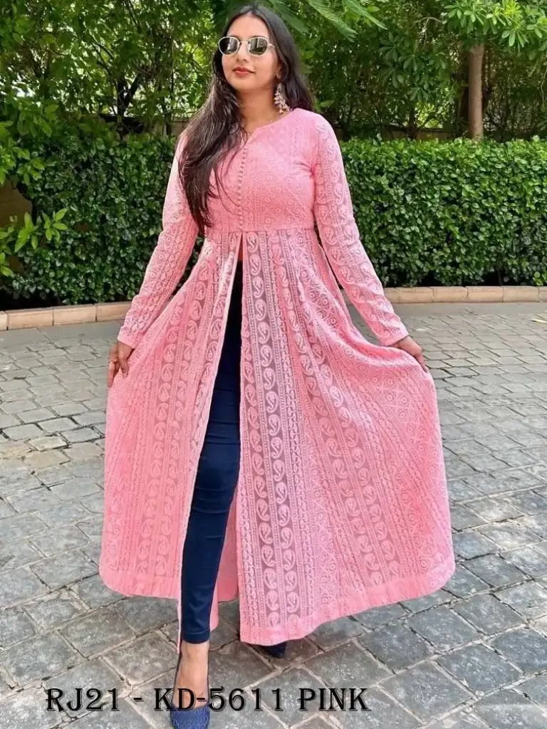Latest Georgette Chikankari Pink Kurti